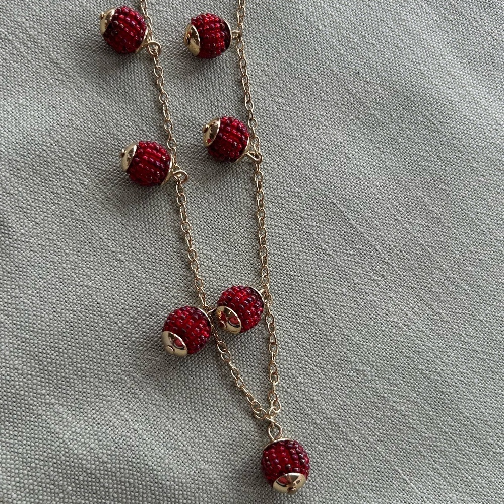 Talbots Costume Jewelry Gold with Red Beaded Balls 17” Adjustable Pretty Classy